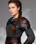 Woman wearing Battle Ready Leather Pauldron Shoulder Armor For Women, Viking Renaissance LARP Cosplay Gear In Brown