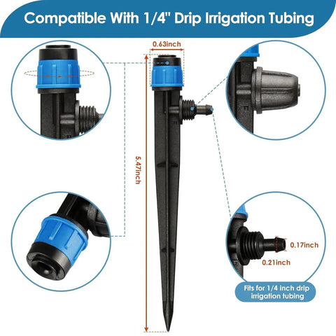 50 Pack Drip Emitters With Stakes For 1/4 Inch Tubing Adjustable 360 Degree Water Flow Universal Sprayers For Garden Irrigation