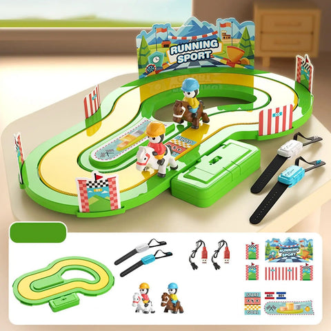 Motion Tracking Racetrack Toy With Wristband Sensors Two Player Competitive Racing For Kids And Parents Realistic Sprint Response And Epic Family Play Movement Logs And Accurate Sensor Feedback To Keep Every Race Exciting. Green plastic racetrack with riders and wristbands