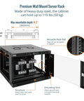 Heavy Duty 6U Wall Mount Server Rack With Smart Thermostat Cooling Dual Quiet Fans Lockable Glass Enclosure Quick Snap Setup Fits 19 Inch Gear Tight Room 17 7 Inch Depth, showing heavy-duty steel structure.