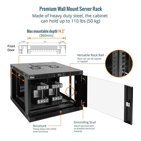 Heavy Duty 6U Wall Mount Server Rack With Smart Thermostat Cooling Dual Quiet Fans Lockable Glass Enclosure Quick Snap Setup Fits 19 Inch Gear Tight Room 17 7 Inch Depth, showing heavy-duty steel structure.