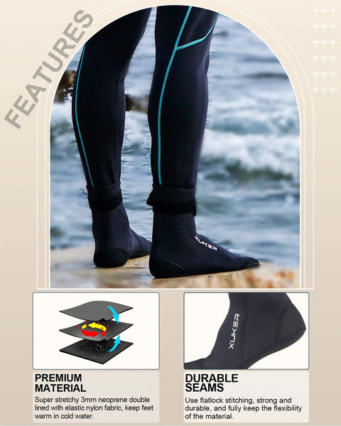 Person wearing 3mm Neoprene Water Socks For Beach And Outdoor Water Sports Sandproof Dive And Volleyball Socks by the sea.