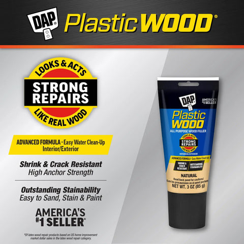 Plastic Wood All Purpose Latex Wood Filler Natural 3 Oz For Quick Interior And Exterior Wood Fixes You Can Plan Sand Drill Nail Stain And Paint Like Real Wood Easy To Use packaging with features listed.