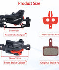 MT200 MTB hydraulic disc brake set with front left and rear right 2-piston calipers, hoses, brake pad, and protective sheet