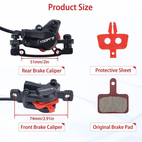 MT200 MTB hydraulic disc brake set with front left and rear right 2-piston calipers, hoses, brake pad, and protective sheet