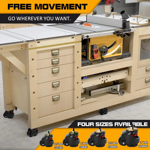Leveling Casters Retractable Beefy Heavy Duty Set Of 4 One Point Five Inch Wheels With 440 Lbs Total Capacity For Workbenches Machinery And Heavy Furniture Durable M8 Bolts Plate Castors