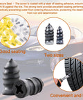 100 Piece Tire Plug Repair Kit No Tire Removal Needed Patch Tools with illustrations of seals, sizes, and tire repair process.