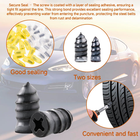 100 Piece Tire Plug Repair Kit No Tire Removal Needed Patch Tools with illustrations of seals, sizes, and tire repair process.