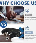 Comparison of grommet installation: hammer punching vs Easy Grommet Plier Kit with 500 Silver Eyelets 3/8-Inch and 1/4-Inch.