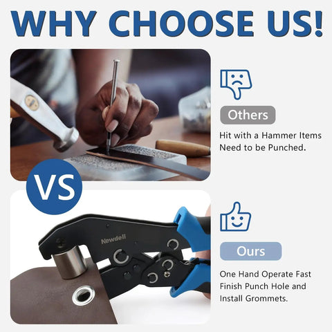 Comparison of grommet installation: hammer punching vs Easy Grommet Plier Kit with 500 Silver Eyelets 3/8-Inch and 1/4-Inch.