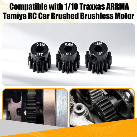3 Pack Hardened Steel Pinion Gear Set 0.6M For 1/10 RC Cars With 3.175mm Shaft Includes 17T 18T 19T Pinions Upgrade