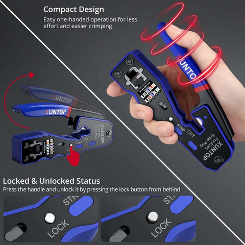 RJ45 Crimp Tool Kit For Cat5 Cat5e Cat6 Cat6a Ethernet With Pass Through Connectors in hand showcasing features