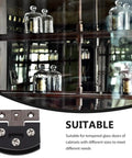 Hassle Free Adjustable Glass Cabinet Hinges For Tempered Frameless Doors With No Mess Install In Matte Black Finish Heavy Duty Design, showcased in use with a cabinet.
