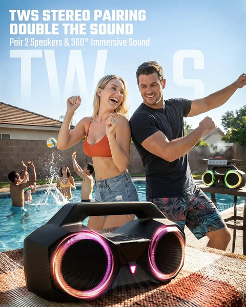 80W Peak Bluetooth Speaker With Bass Boost, IPX7 waterproof, RGB lights next to dancing couple by poolside