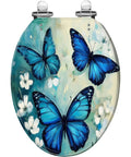 Elongated Toilet Seat Replacement for Bathroom with blue butterfly design, durable resin material, artistic bathroom decor.