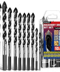 DCWecher masonry drill bit set, 10 pcs, carbide-tipped, sizes 1/8 to 1/2 inch for concrete and brick