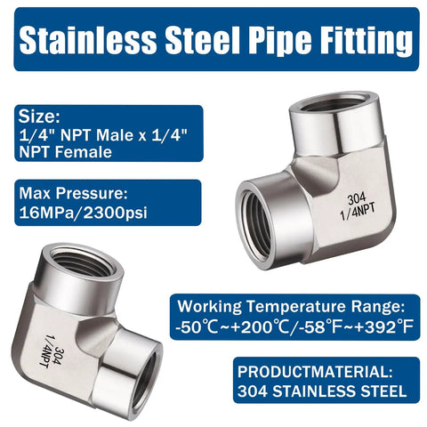 Stainless Steel 90 Degree NPT Elbow Pipe Fitting One Quarter Inch Female To One Quarter Inch Female Barstock Street Elbow Pack Of 2 Built Tough For Plumbing, Hydraulics, And Air Systems