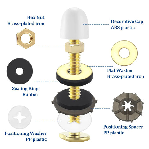 Heavy Duty Toilet Floor Bolts And Metal Flange Kit With Caps Nuts And Washers Solid Two Pack Bathroom Hardware parts layout.