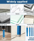 Image showing 9 Piece Diamond Drill Bit Set For Ceramic Tile Glass Porcelain Marble Granite Stone With Accurate Start And Dry Use Pro Grade Precision Positioning Fast Clean Holes Blue in use on various materials like ceramic tile and marble.
