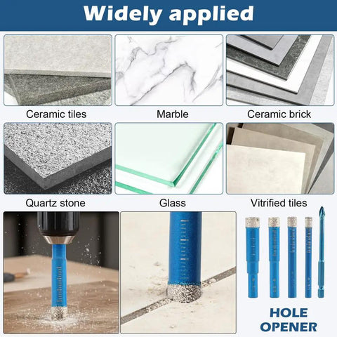 Image showing 9 Piece Diamond Drill Bit Set For Ceramic Tile Glass Porcelain Marble Granite Stone With Accurate Start And Dry Use Pro Grade Precision Positioning Fast Clean Holes Blue in use on various materials like ceramic tile and marble.