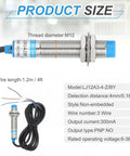 Inductive Proximity Sensor Set PNP NO M12 DC 6-36V with wire and specifications for industrial automation 4mm sensing range.