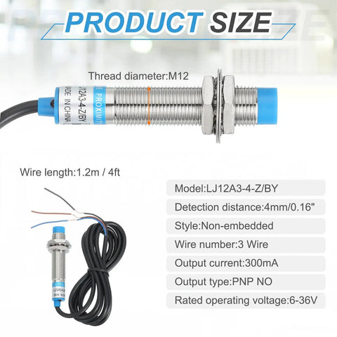 Inductive Proximity Sensor Set PNP NO M12 DC 6-36V with wire and specifications for industrial automation 4mm sensing range.