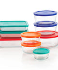 Glass Food Storage Set With Mixed Sizes And Lids, Round And Rectangular Containers, 18-Piece BPA Free, color-coded lids visible.