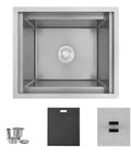 Badass Hella Insulated Workstation Sink For Outdoor Kitchen Bar Station With Deep Stainless Bowl Includes Heavy Duty Lid Commercial Grade Strainer And Cutting Board Built Sick - top view showing stainless steel bowl, strainer, cutting board.