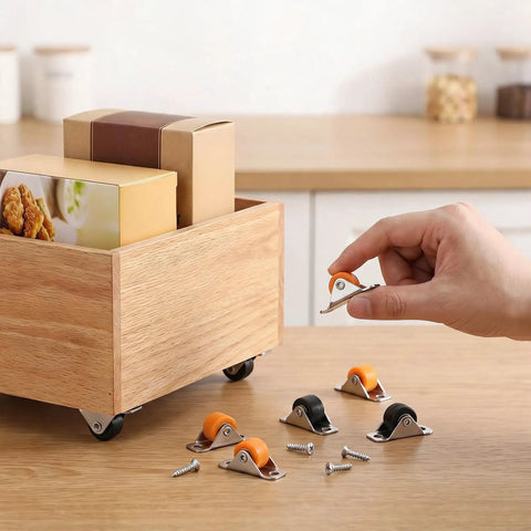 Person holding an orange 8 Pack Rock Solid Slick Low Profile Fixed Caster Wheel above wooden box with storage bins.