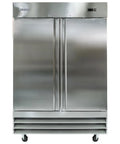 Heavy Duty Commercial Refrigerator With Adjustable Wire Shelves And Digital Led Display 48 Cubic Feet Stainless Steel front view on wheels.