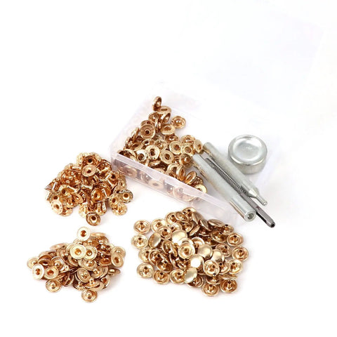 Pale Gold Snap Fasteners Kit For Leather Craft DIY 50 Sets, 200 Pieces, Includes 4 Tools, 10mm Press Studs Button Snaps