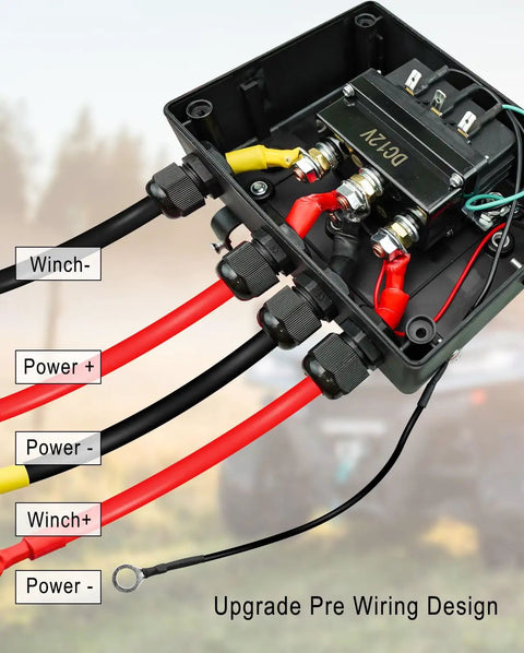 Upgraded Pre Wired Winch Control Box 12V 500A Relay Contactor Switch showing detailed wiring connections and terminals for easy installation.