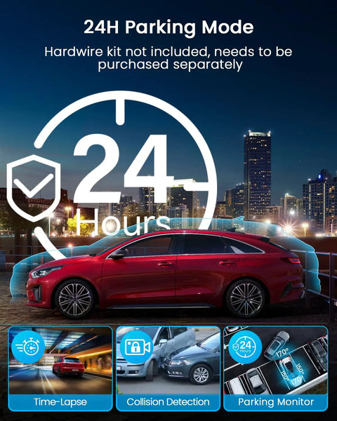 Four Channel Dash Cam With 360 Degree View And 1080P Front, Rear, Interior And Side Cameras For Cars showing parking mode feature.