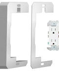 20 Pack Silver Wall Plate Spacers for Switches and Receptacles, Metal Flush Fit Device Leveling Plates, Electrical Outlet Shims for Loose Outlets, Easy DIY Fix and Secure Mounts displayed with sample outlet