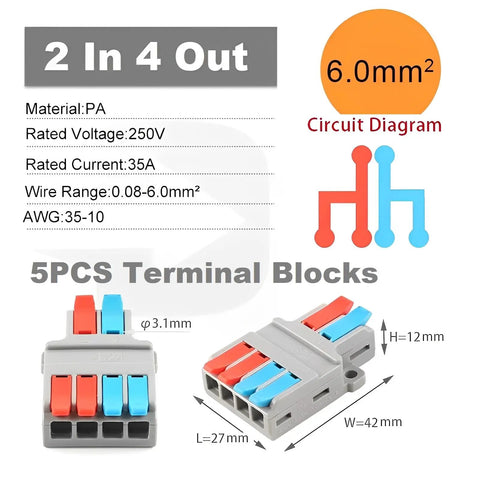 Quick Lever Push In Wire Splitter Connector Two In Four Out Heavy Duty Copper Core Terminal Block with circuit specs