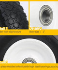 Close-up of 12 Inch Flat Free Solid Polyurethane Tire For Trailer Dolly And Utility Wheel, 1 Inch Bore, steel rim details