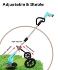 Heavy Duty String Trimmer Support Wheel with 20 Inch Adjustable Height for gas or electric brush cutters on grass.