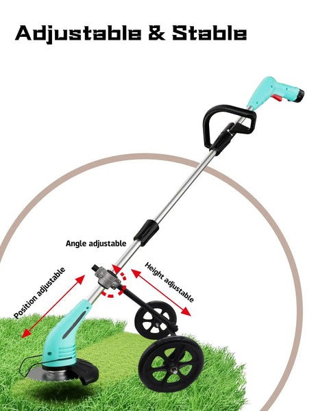 Heavy Duty String Trimmer Support Wheel with 20 Inch Adjustable Height for gas or electric brush cutters on grass.