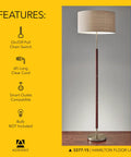 Oak Veneer Floor Lamp With Off White Fabric Shade, 3 Way Dimming For Bedroom And Living Room, Tall 60 Inch Lighting, pull chain switch