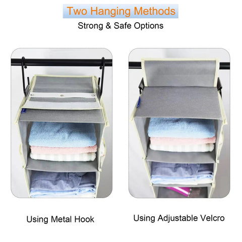 Ultimate 8 Shelf Hanging Shoe Organizer For Closets With Extra Wide Shelves No More Closet Clutter Holds Shoes Boots Sneakers And Clothes Durable Grey 9W 11.8D 48H Hanging Storage Rack shown with metal hook and velcro hanging options.