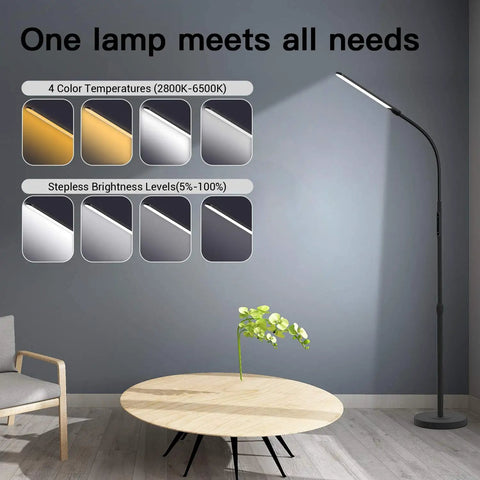LED Floor Lamp With Adjustable Height And Stepless Dimming, Four Color Options, Modern Reading Light next to table and chair