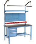 Hardcore Heavy Duty Workbench 60X36 Inches With Adjustable Steel Legs And Tough Phenolic Resin Safety Edge featuring tool drawers and pegboard.