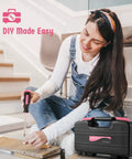 Woman using a screwdriver from the Compact 39 Piece Hand Tool Kit With Case For DIYers And Homeowners A Handy Starter Set in a Portable Pink Tool Box