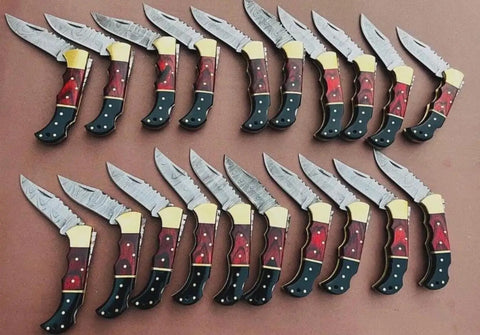 Handmade Folding Knife Set With Wood Handles featuring Damascus style steel blades, collectible wholesale lot of 20.