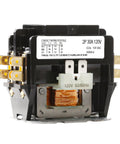 Heavy Duty 2 Pole 30A AC Contactor for HVAC and Refrigeration, 120V Coil, front view showing terminals and coil details.