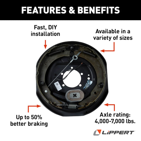 Lippert forward self-adjusting brake assembly for right side, 12x2 in, 4,000–7,000 lb axle, fits 14.5–16 in wheels.