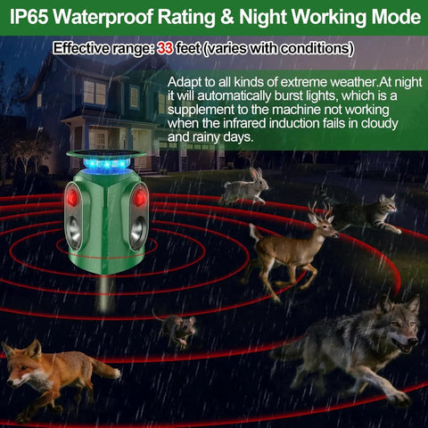 Animal Repeller Outdoor With PIR Sensor And Solar Power Cat And Deer Deterrent With 360 Degree Coverage For Garden Yard Farm Keeps Pests Out, IP65 rainy night