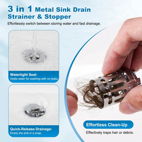 Heavy Duty Two Pack Bathroom Sink Drain Strainer With Slick Pop Up Stopper And Triple Layer Filtering For Fast Water Release and Reliable Hair Trapping Zero Hassle Daily Driver, showing metal sink drain strainer and stopper.