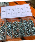 Open box showing 260 Piece Grease Fitting Kit With Storage Box Includes 90 Degree 45 Degree And Straight Hydraulic Fittings For Cars