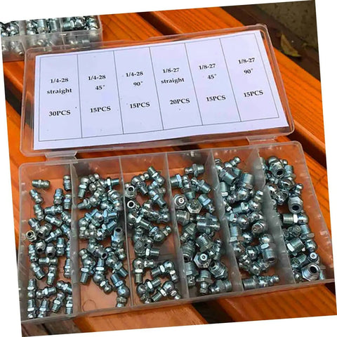 Open box showing 260 Piece Grease Fitting Kit With Storage Box Includes 90 Degree 45 Degree And Straight Hydraulic Fittings For Cars